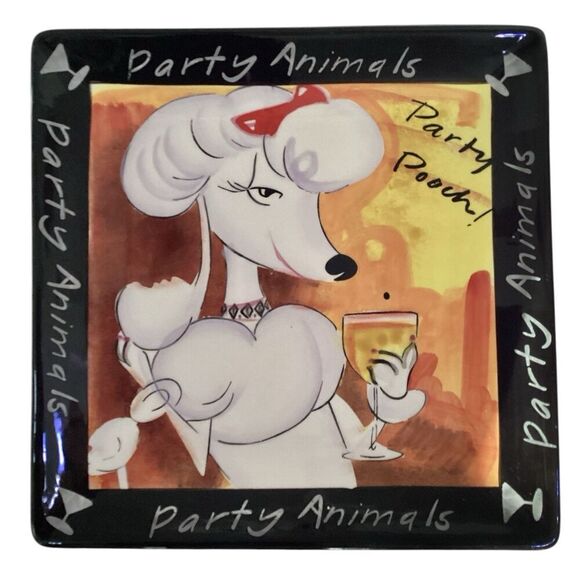 Party Animal Plate Tracy Flickinger Dog Poodle Bar Hound Platter 9.5” Square - Picture 1 of 4